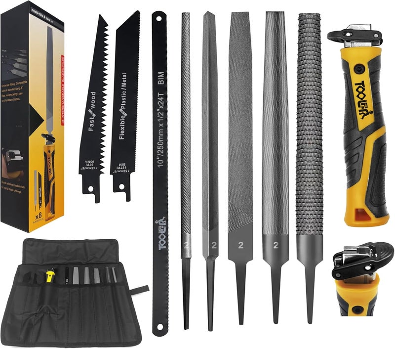TOOLAN File Set, File & Saw Set. metal file,metal files tools for steel,Professional Steel File Triangle/Flat/Half-Round/Round Files for MetalWoodPlastic,Woodworking, Blade Quick Change Mechanism - Image 1